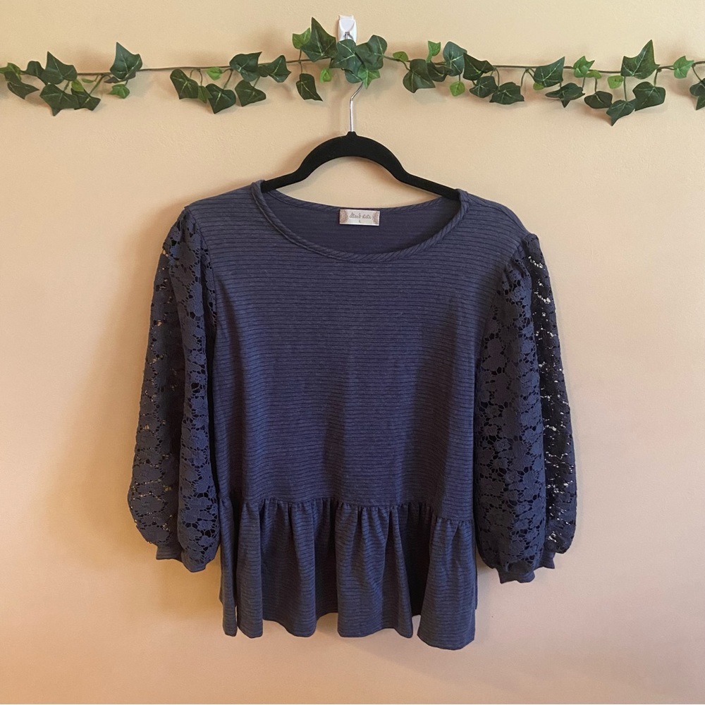 Altar'd State Large Navy Striped Pullover Top with Balloon Lace Sleeves